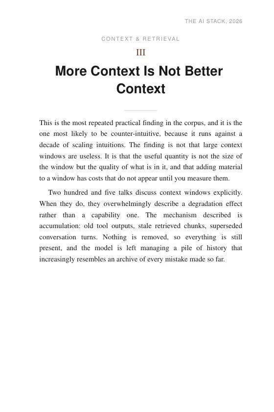 Page 23 of The AI Stack 2026: Ch. III — More Context Is Not Better Context