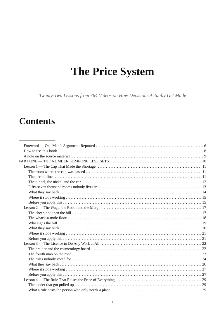 Title page of The Price System: the title in a large serif above the subtitle and the opening of the table of contents.